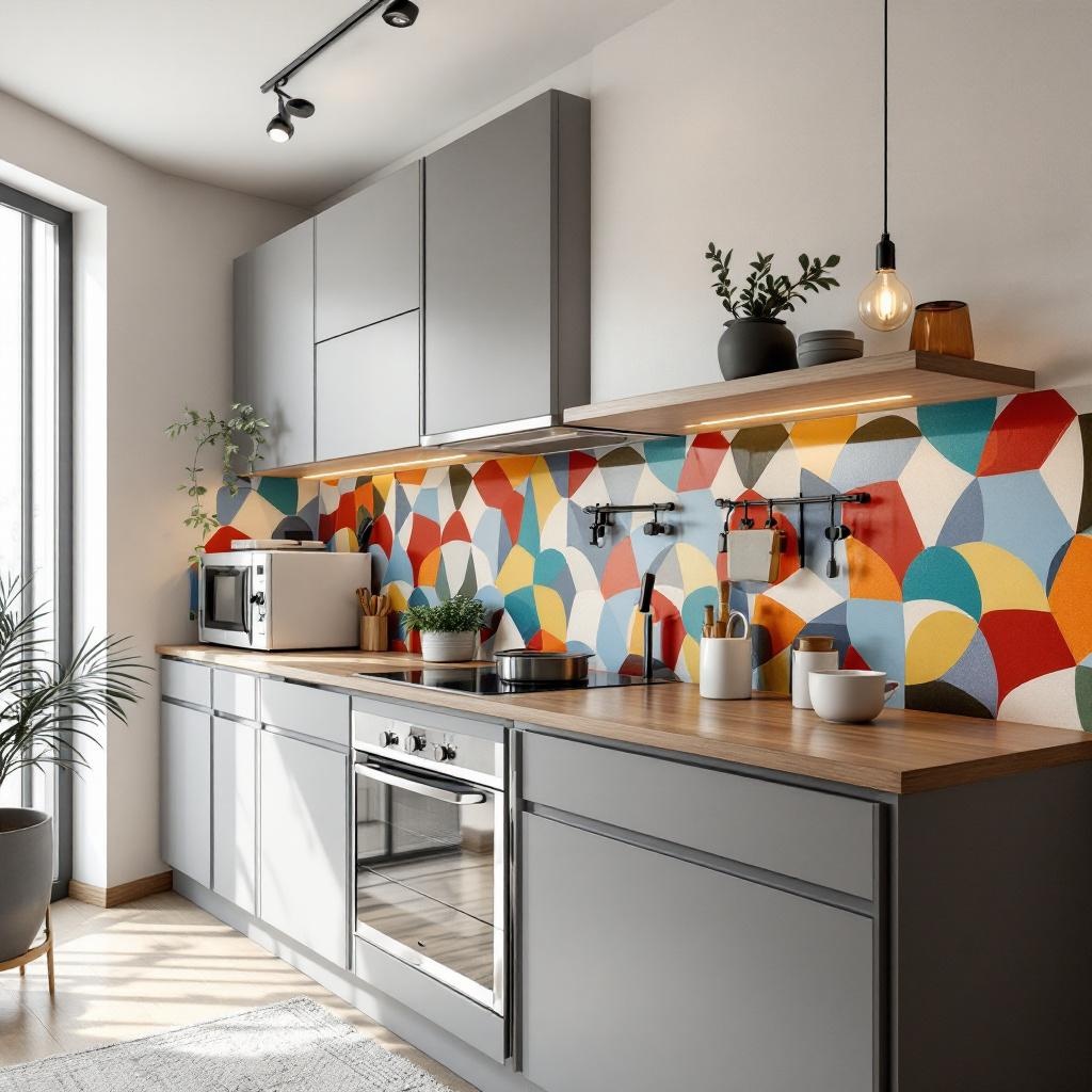 Panou decorativ din sticlă securizată cu design abstract artistic pentru bucătării moderne.