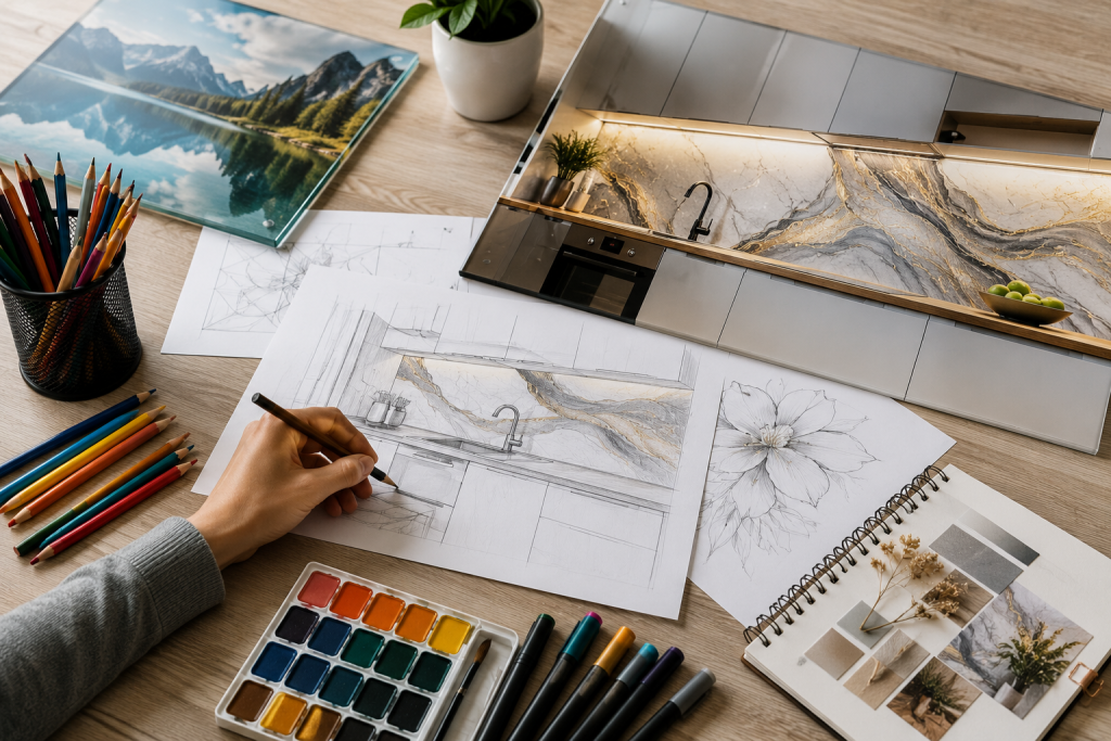 sticlă printată, sticlă decorativă, DekoGlass, design interior, decor personalizat, proiecte decorative, modele pentru sticlă printată, bucătărie modernă, design modern, amenajări interioare, creativitate, schițe de design, desen, hobby creativ, materiale pentru desen