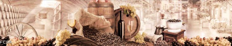 Sticlă printată București cu cești de cafea și boabe de cafea aromată