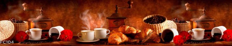 Sticlă printată cu cafea, croissant și trandafiri pentru bucătărie elegantă