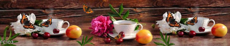 Sticlă printată cu cafea, fluturi și nectarine pentru bucătărie modernă